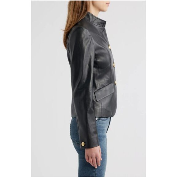 Rag & Bone Women's Black Sadie Crop Leather Blazer Gold Buttons Size 12 - Picture 2 of 7